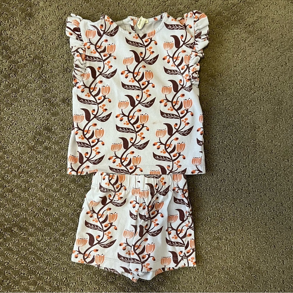Kate Quinn White and Orange Floral Short Set with Ruffled Sleeves